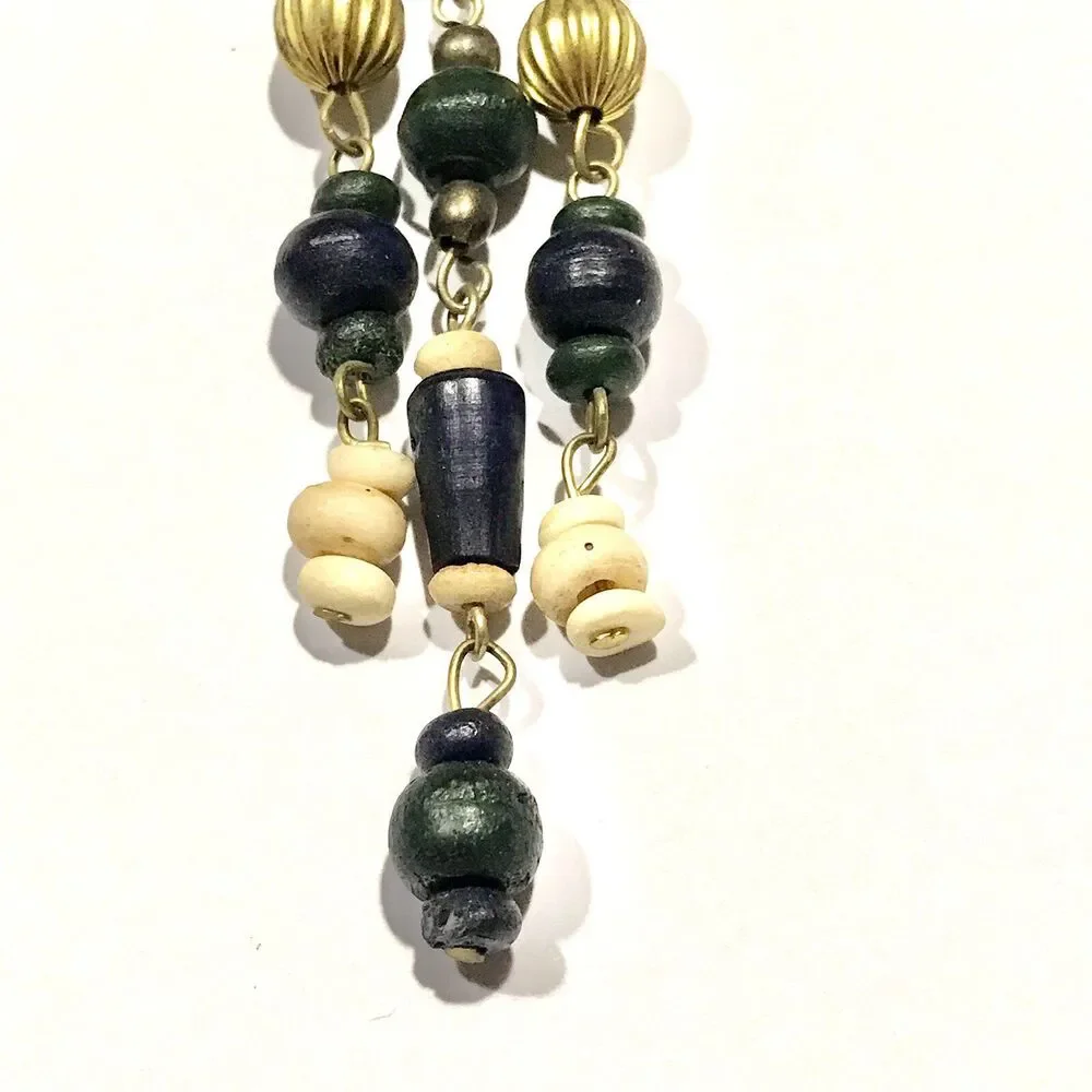 Vintage Boho Wood Beaded Resin Brooch Pin Gold Tone Blue Green Beige Artist Made